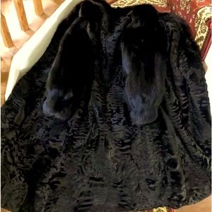 Rare Jet Black Swakara Broadtail - Fox Collar And Sleeves Full Length  Coat